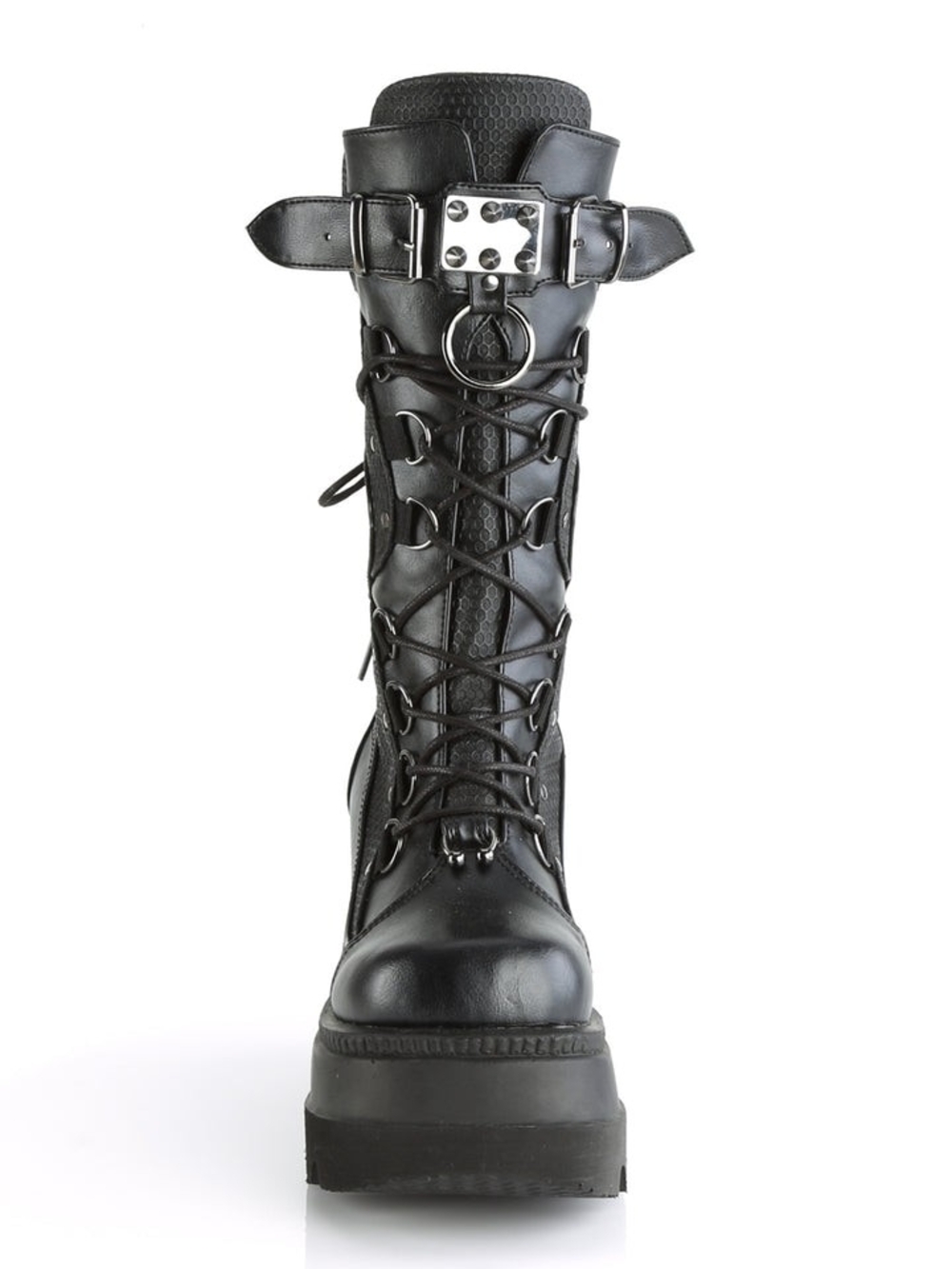 Demonia Shaker-70 Black Platform Lace-Up Knee Boot with Buckle